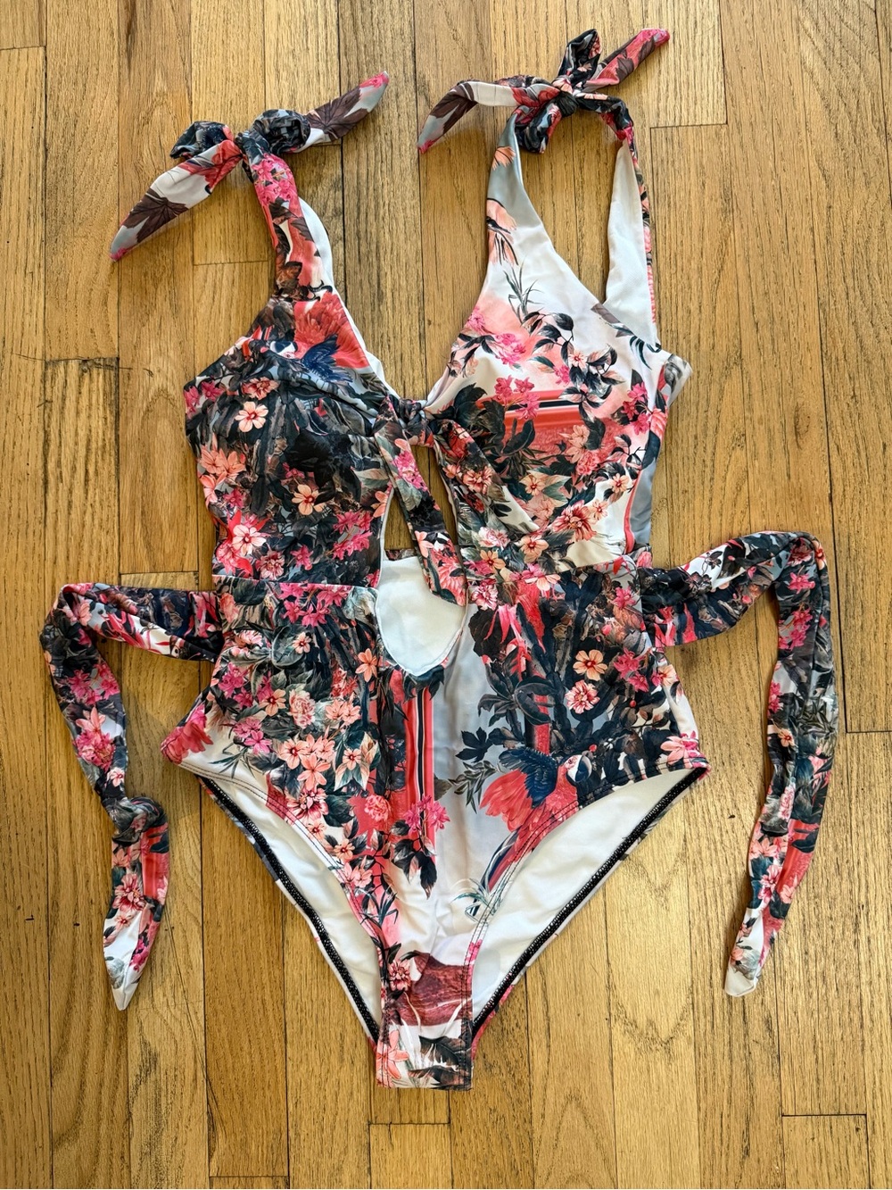 Women’s Floral Pink & Black One-Piece Swimsuit with Front Ties